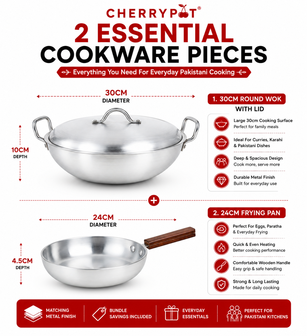 Metal Finish Bundle - 30cm Round Wok + 24cm Frying Pan - Cherrypot cookware, Pakistan
