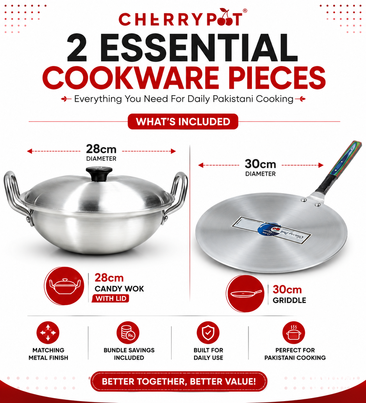 Metal Finish Bundle - 28cm Candy Wok + 30cm Griddle - Cherrypot cookware, Pakistan