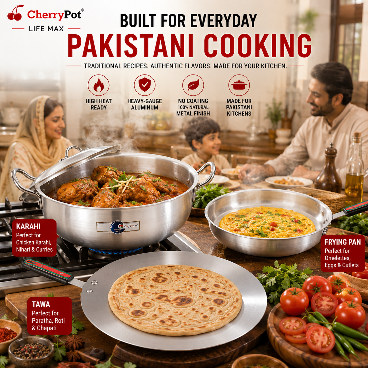 Metal Finish Trio – 30cm Round Wok + 24cm Frying Pan + 30cm Griddle – view 3 | Cherrypot cookware Pakistan