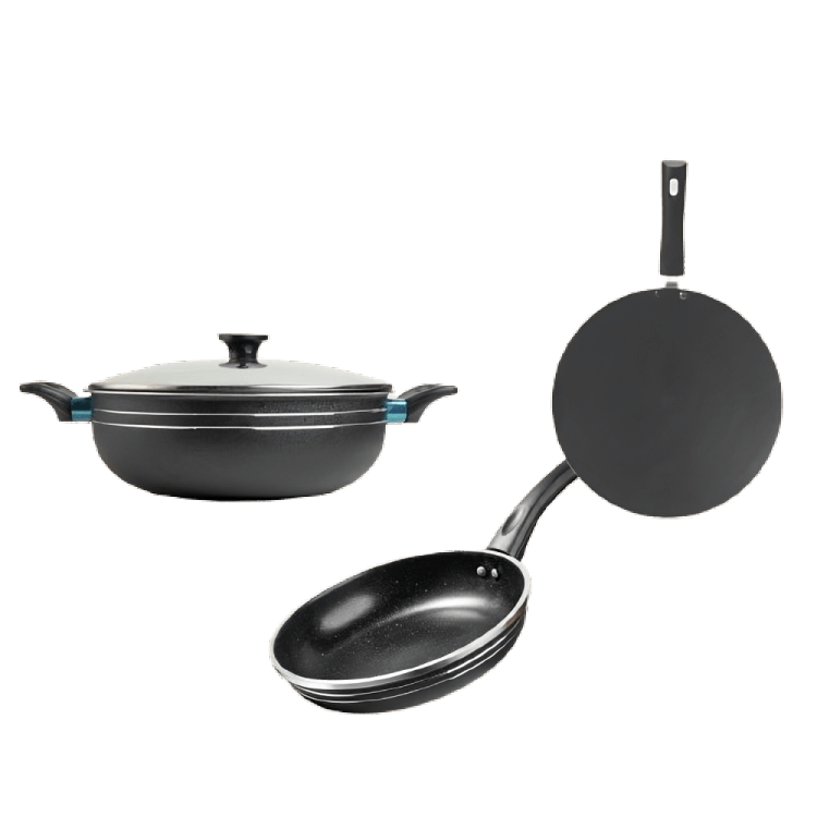 Non-Stick Trio – 28cm Wok + 24cm Frying Pan + 30cm Griddle – main product photo | Cherrypot cookware Pakistan