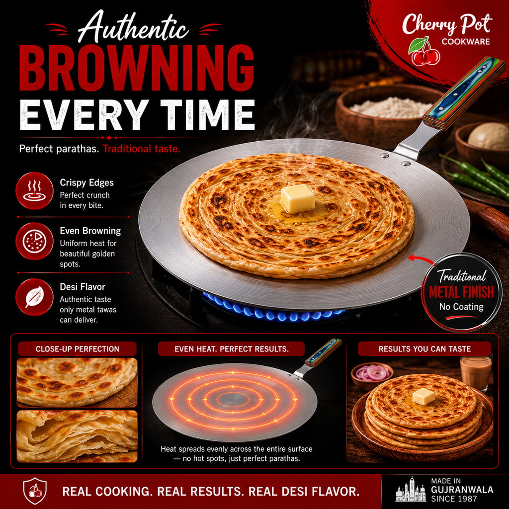 Metal Finish Tawa with Wooden Handle – 30cm & 36cm – view 3 | Cherrypot cookware Pakistan