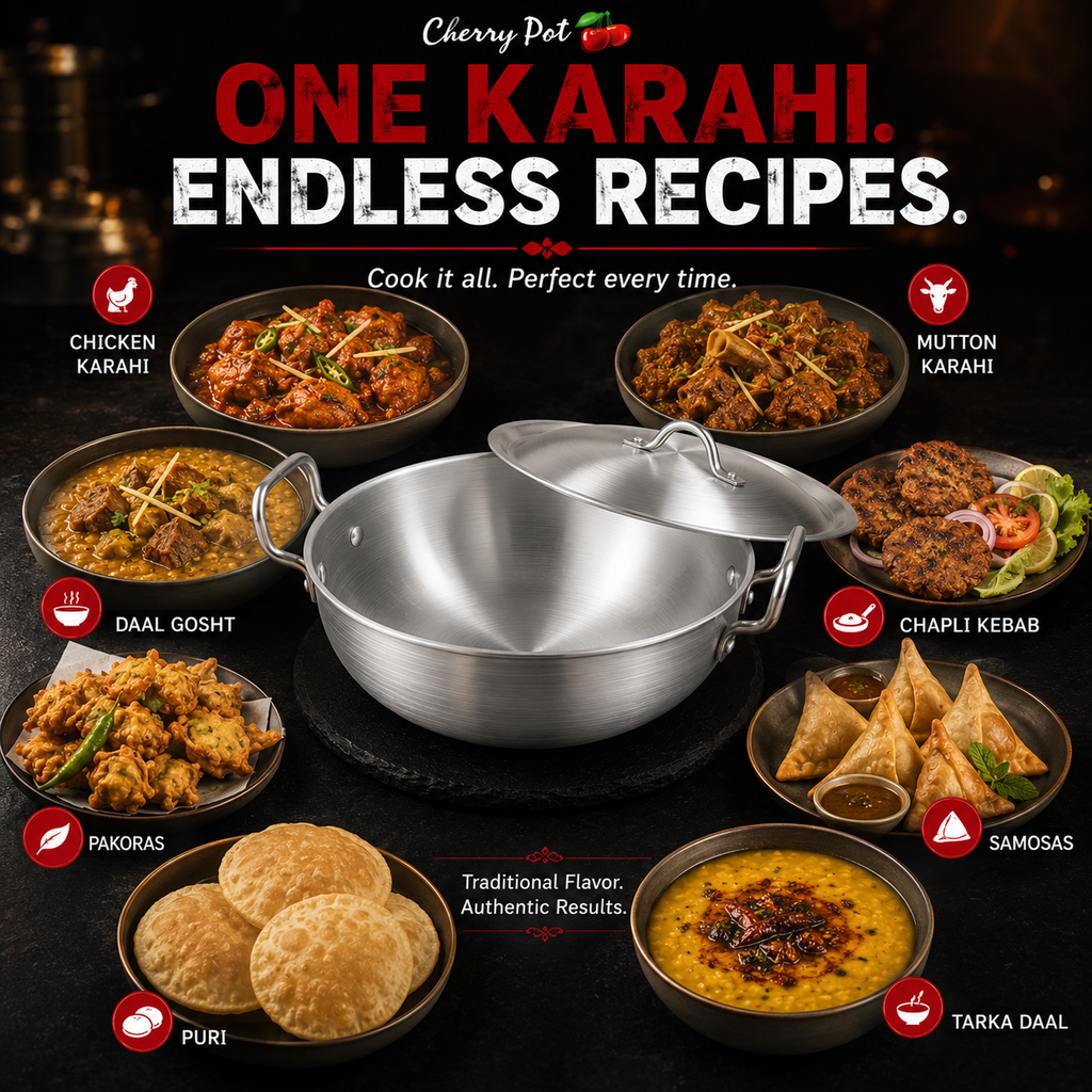 Metal Finish Round Wok (Karahi) with Lid – 26cm to 34cm – view 2 | Cherrypot cookware Pakistan