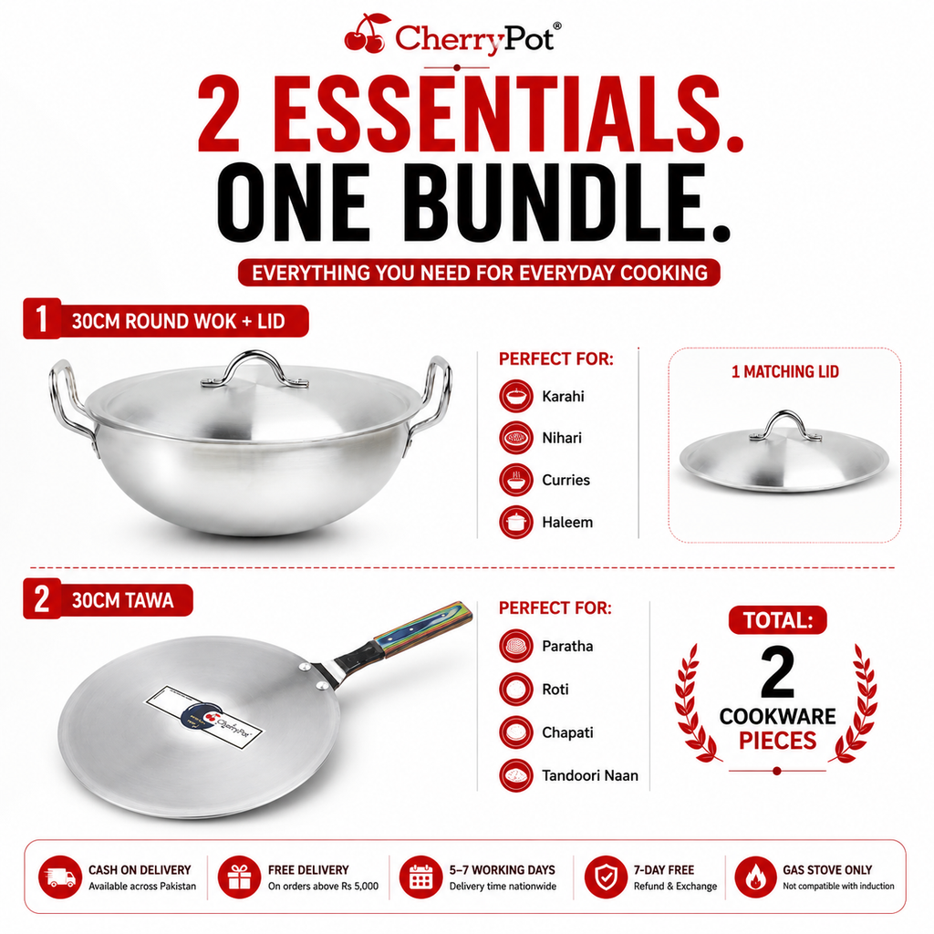 Metal Finish Bundle – 30cm Round Wok + 30cm Griddle – view 5 | Cherrypot cookware Pakistan