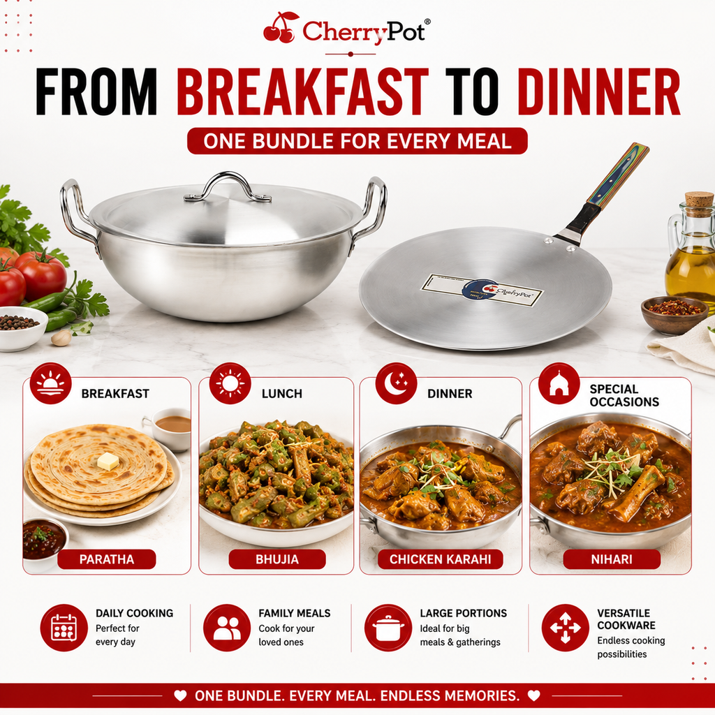 Metal Finish Bundle – 30cm Round Wok + 30cm Griddle – view 2 | Cherrypot cookware Pakistan