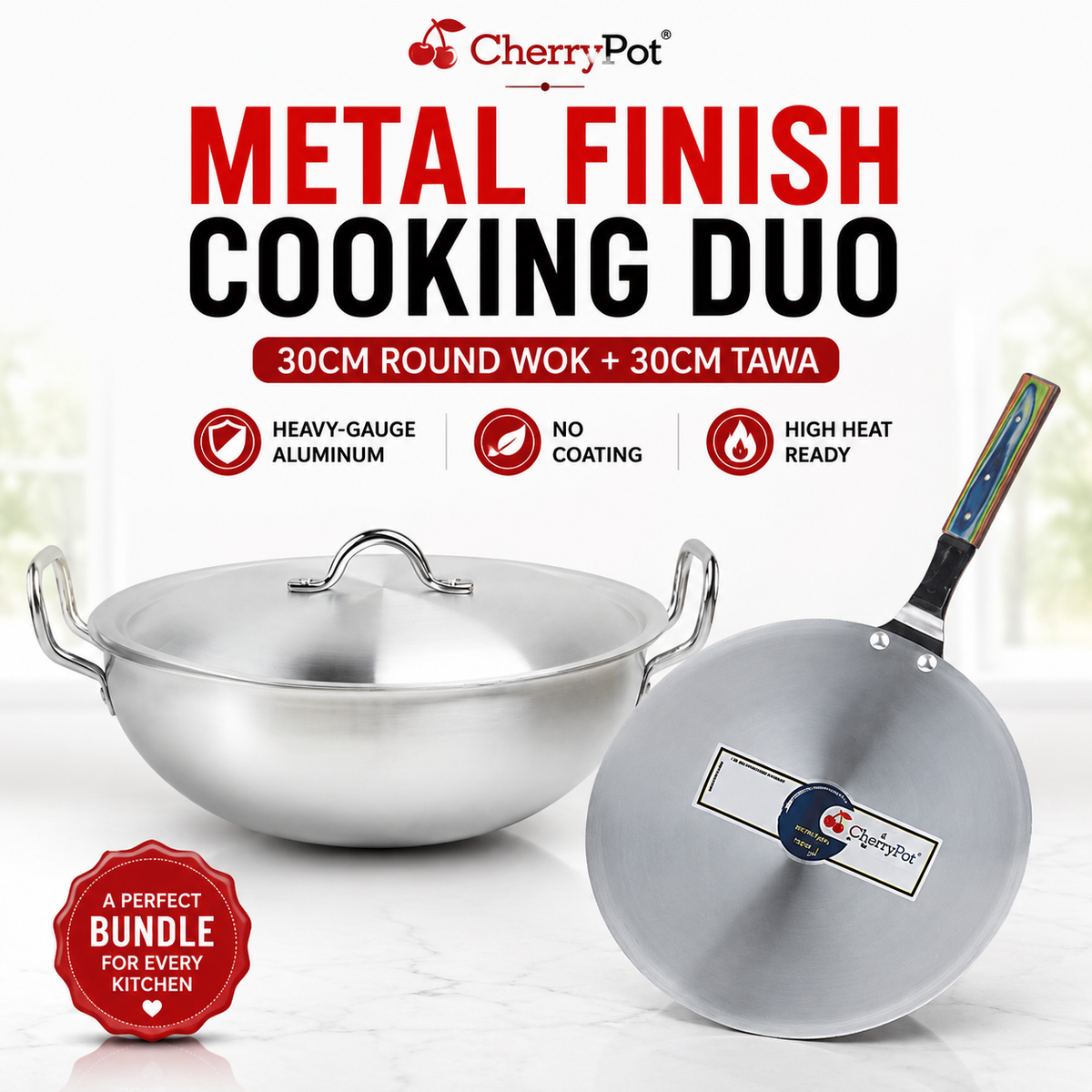 Metal Finish Bundle - 30cm Round Wok + 30cm Griddle - Cherrypot cookware, Pakistan