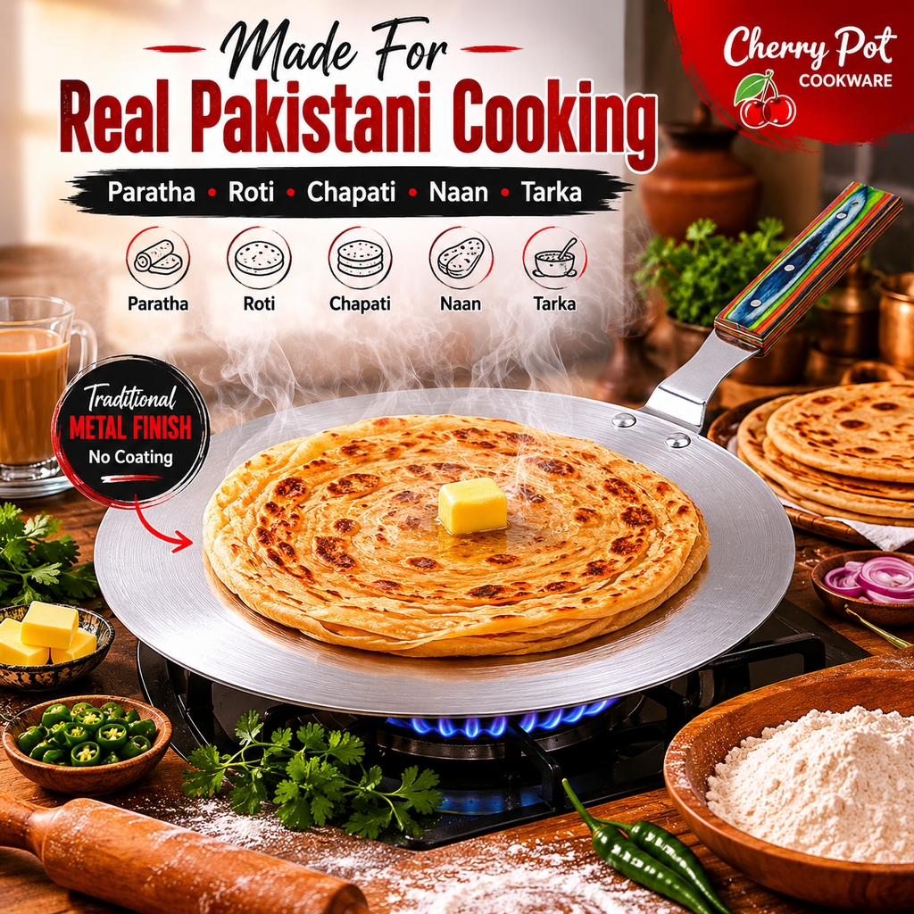 Metal Finish Tawa with Wooden Handle - 30cm & 36cm - Cherrypot cookware, Pakistan