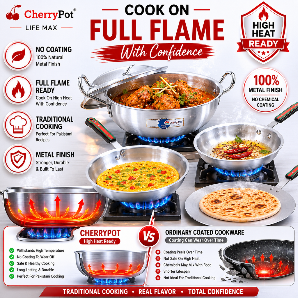 Metal Finish Trio – 30cm Round Wok + 24cm Frying Pan + 30cm Griddle – view 4 | Cherrypot cookware Pakistan