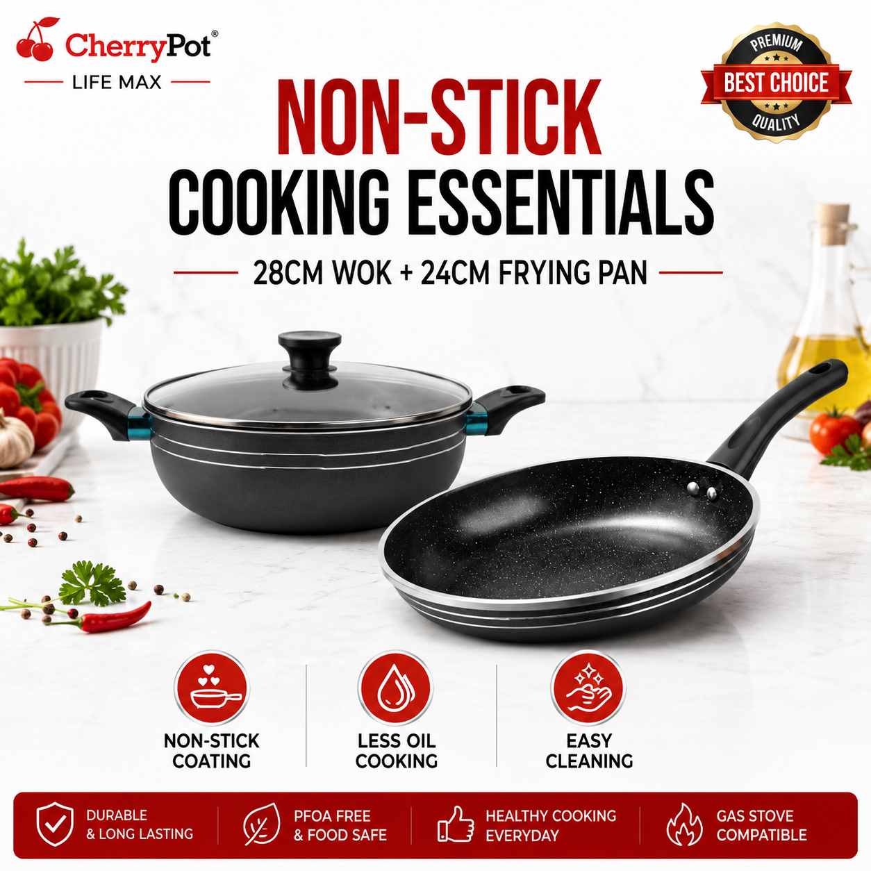 Non-Stick Bundle – 28cm Wok + 24cm Frying Pan – view 4 | Cherrypot cookware Pakistan