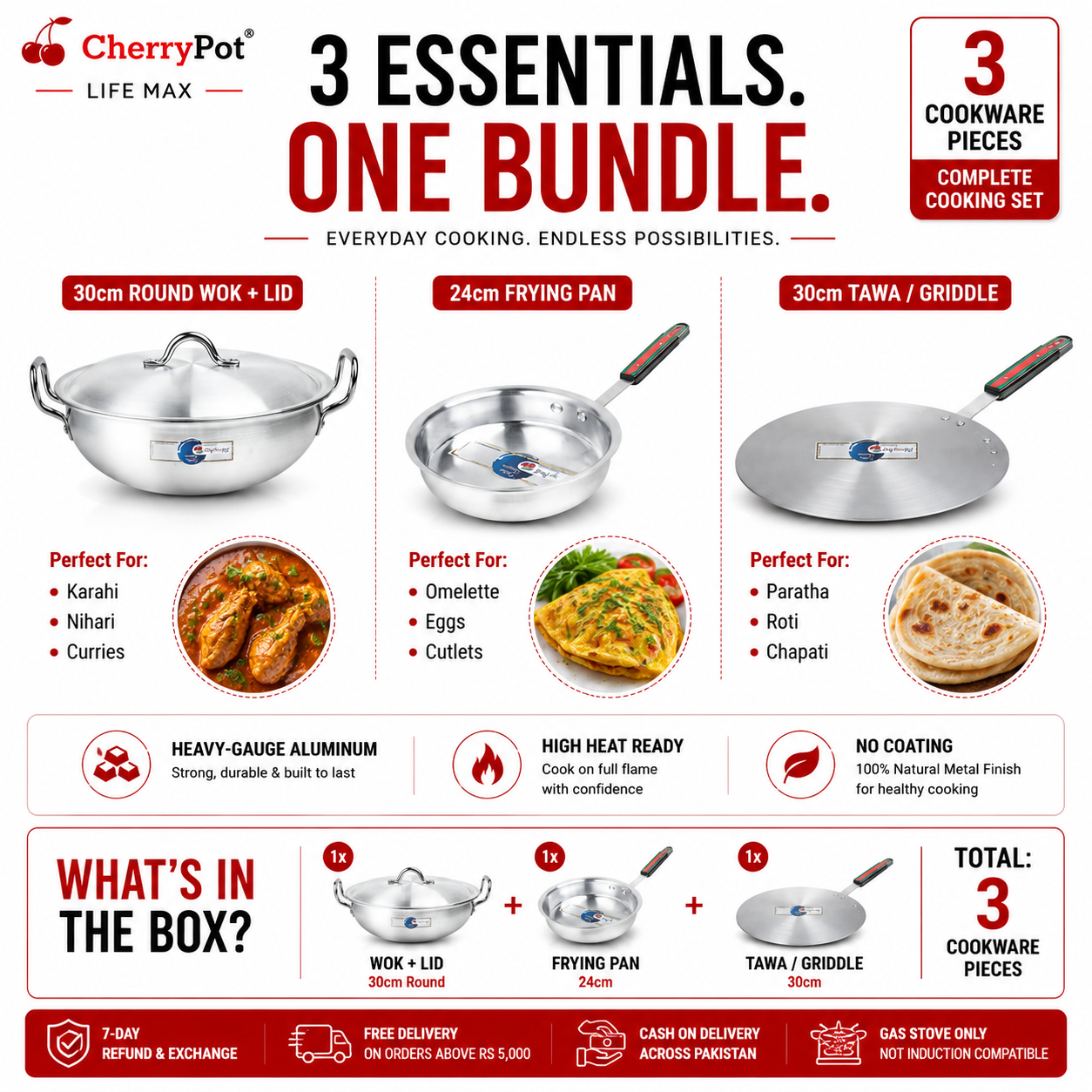 Metal Finish Trio – 30cm Round Wok + 24cm Frying Pan + 30cm Griddle – view 2 | Cherrypot cookware Pakistan