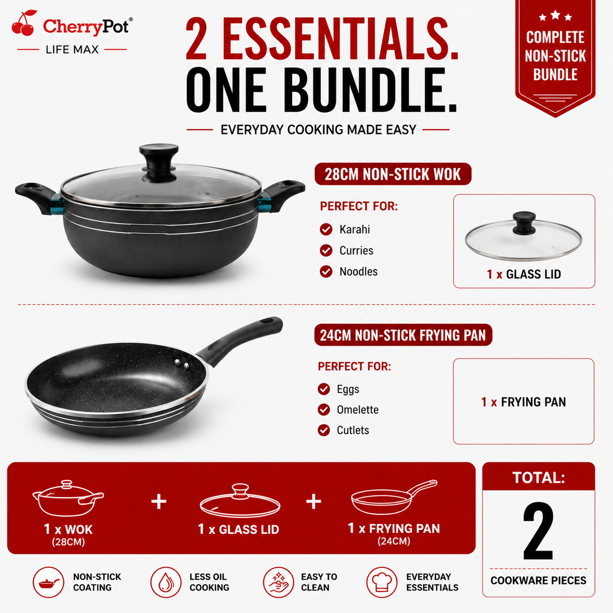 Non-Stick Bundle – 28cm Wok + 24cm Frying Pan – view 2 | Cherrypot cookware Pakistan