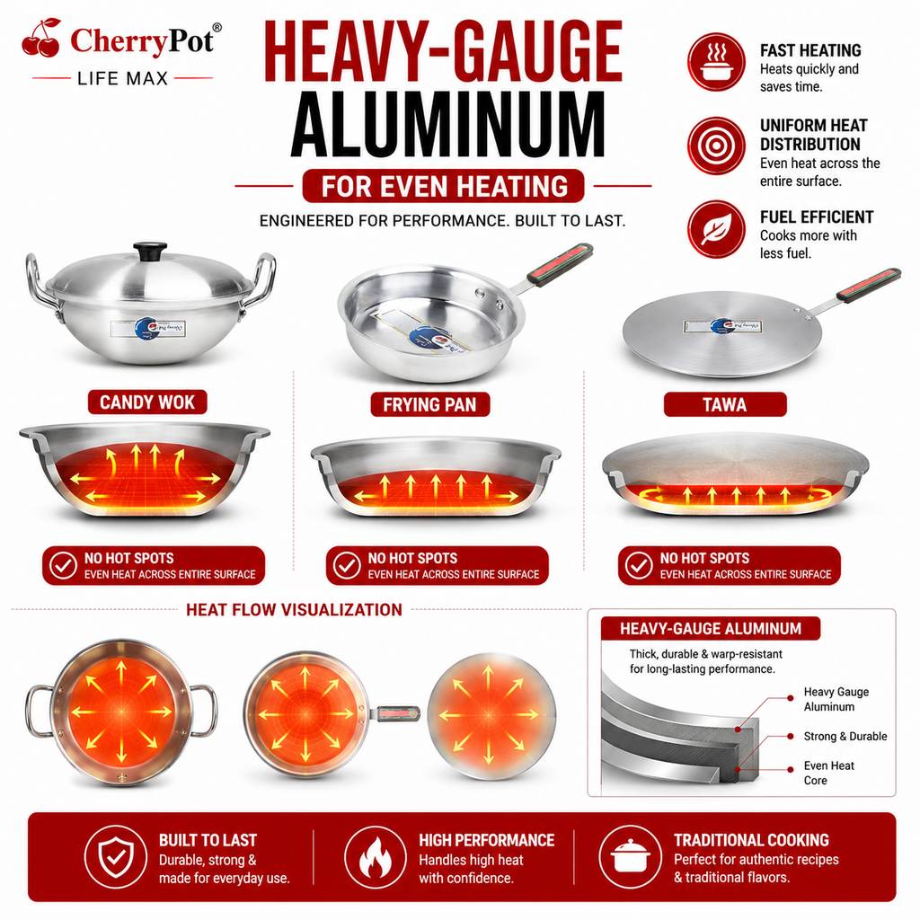 Metal Finish Trio – 28cm Candy Wok + 24cm Frying Pan + 30cm Griddle – view 5 | Cherrypot cookware Pakistan