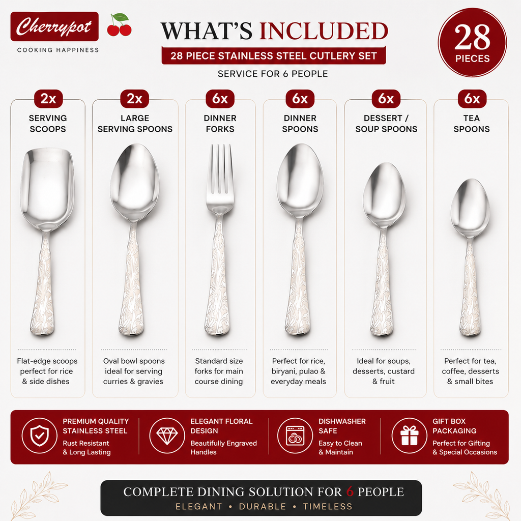 Stainless Steel Cutlery Set - 28 Pieces, Gift-Boxed (Service for 6) - Cherrypot cookware, Pakistan
