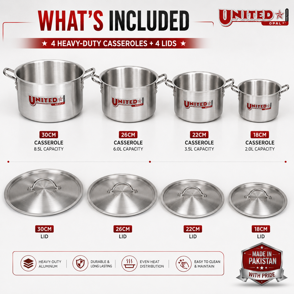 United Opal Metal Finish Casserole – 26cm to 33cm (6L to 13L) | Cherrypot cookware Pakistan
