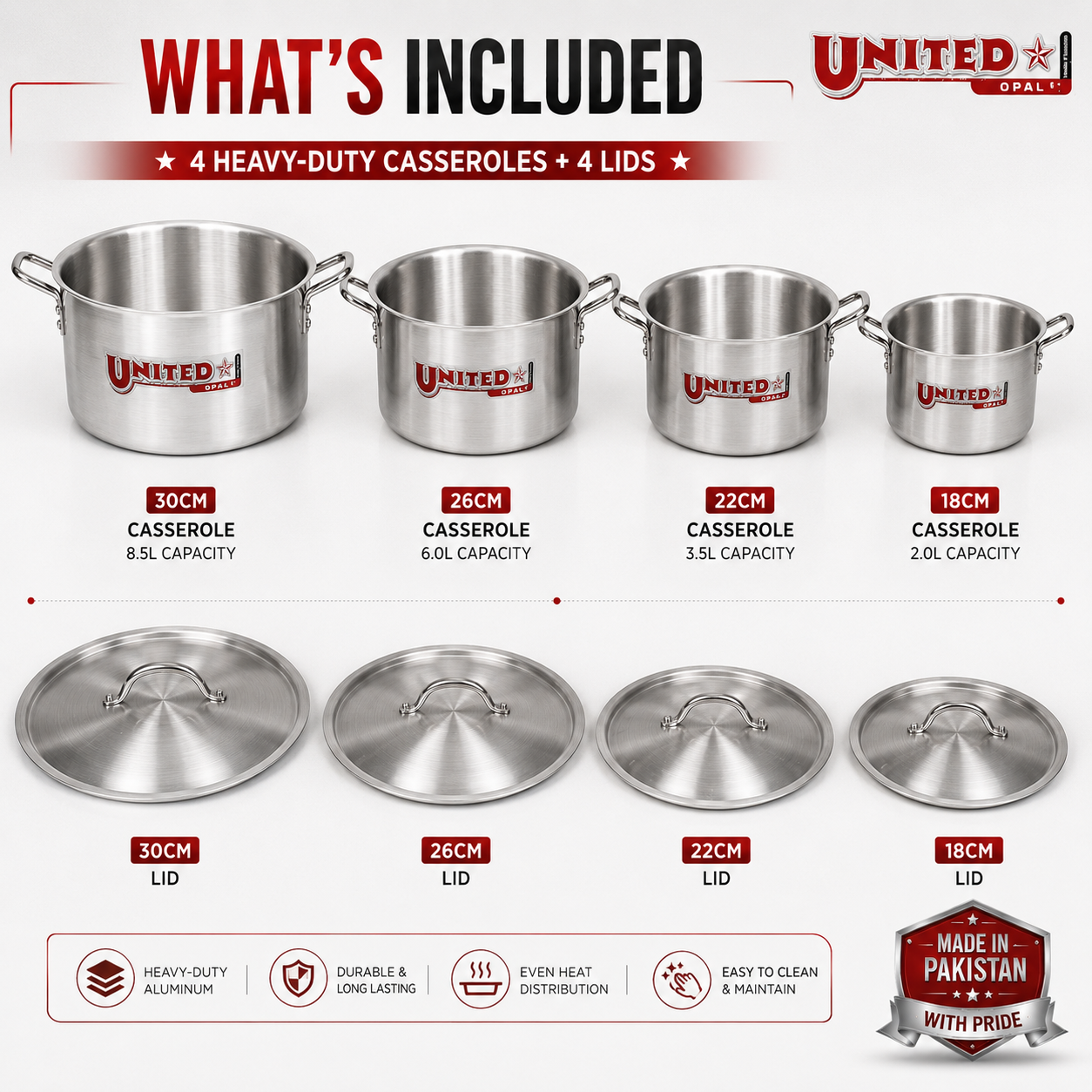 United Opal Metal Finish Casserole – 26cm to 33cm (6L to 13L) | Cherrypot cookware Pakistan