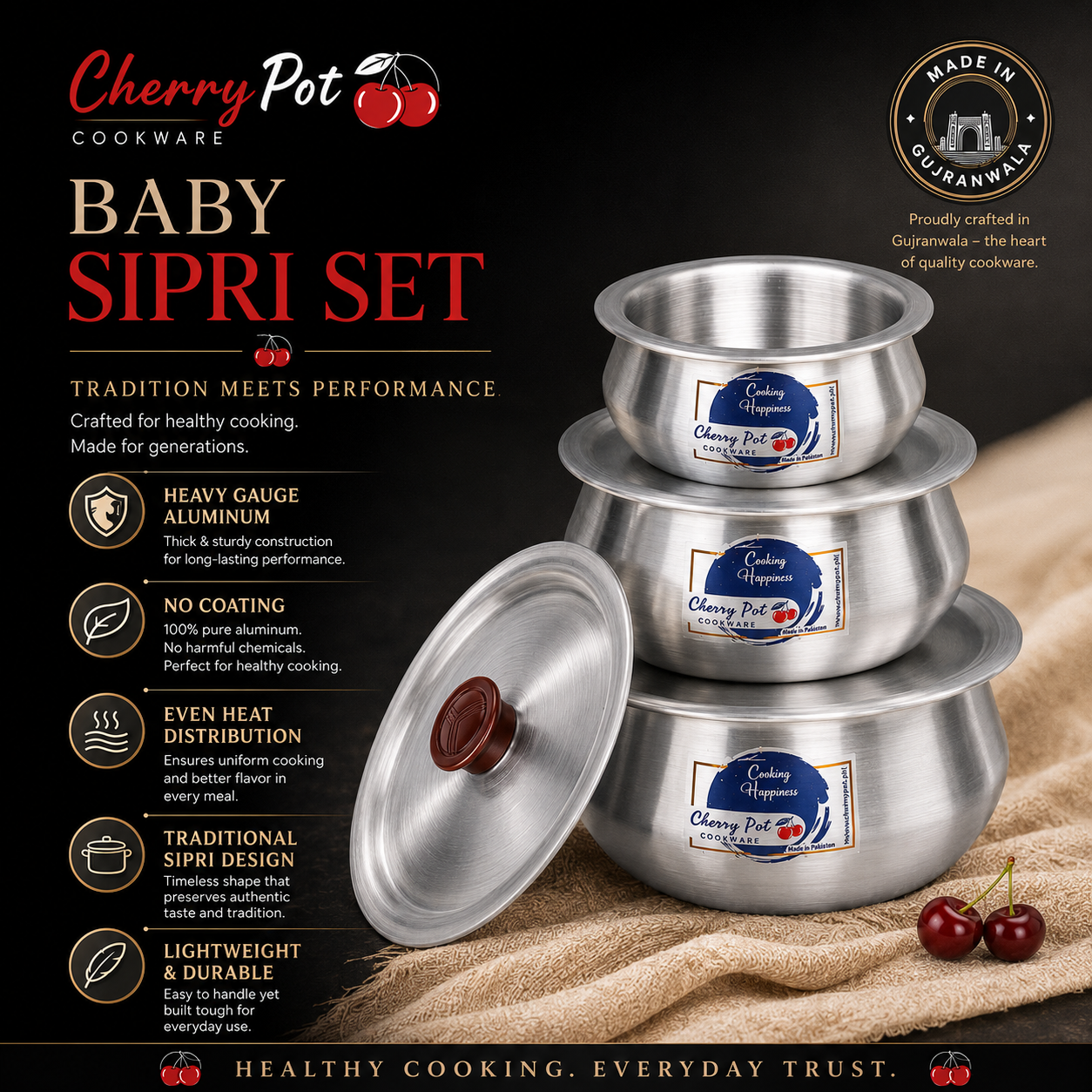 Baby Sipri Metal Finish Set – 6 Pieces (12cm, 14cm, 16cm) – view 5 | Cherrypot cookware Pakistan