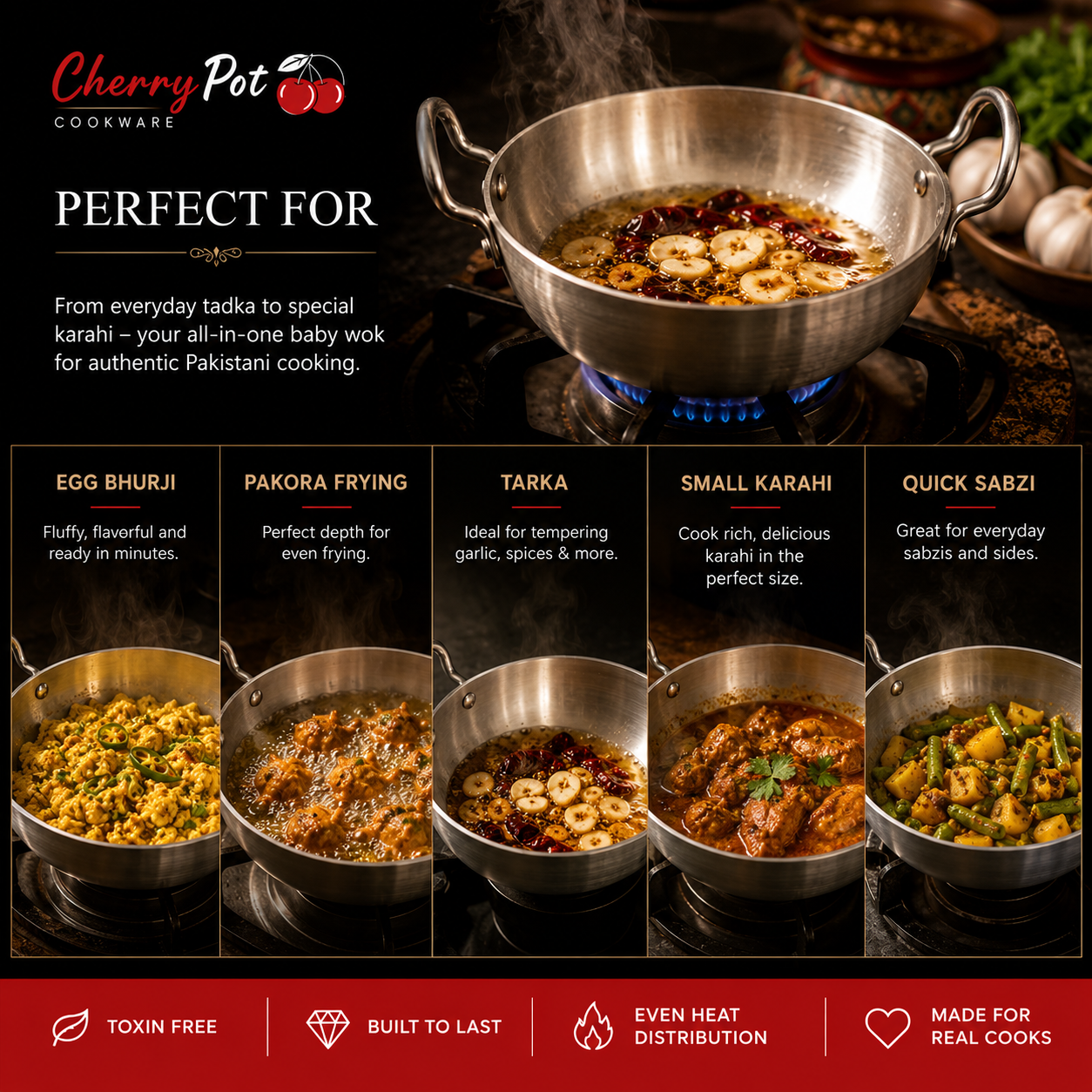 Baby Wok Set Metal Finish – 3 Pieces (18cm, 20cm, 22cm) – view 2 | Cherrypot cookware Pakistan