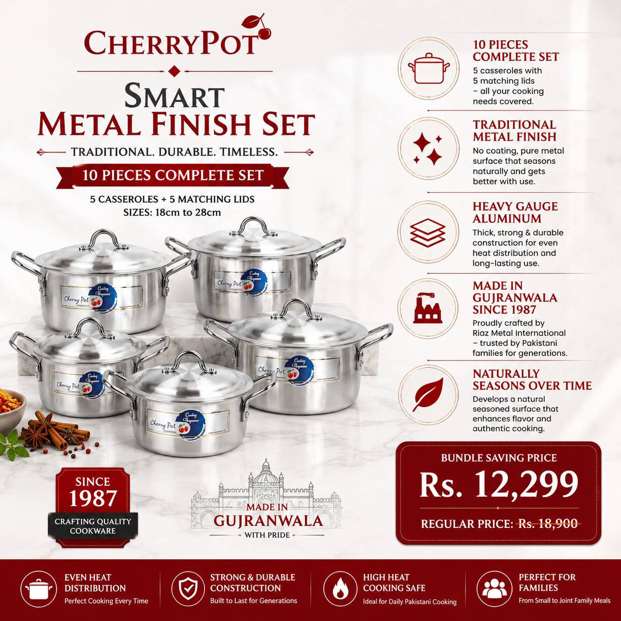Cherry Smart Metal Finish Set – 10 Pieces (18cm to 28cm) – main product photo | Cherrypot cookware Pakistan