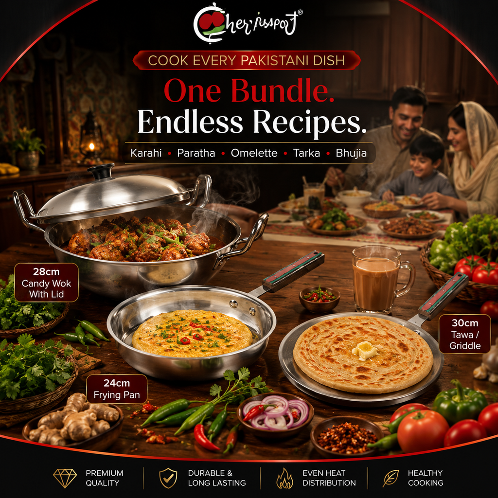 Metal Finish Trio – 28cm Candy Wok + 24cm Frying Pan + 30cm Griddle – view 2 | Cherrypot cookware Pakistan