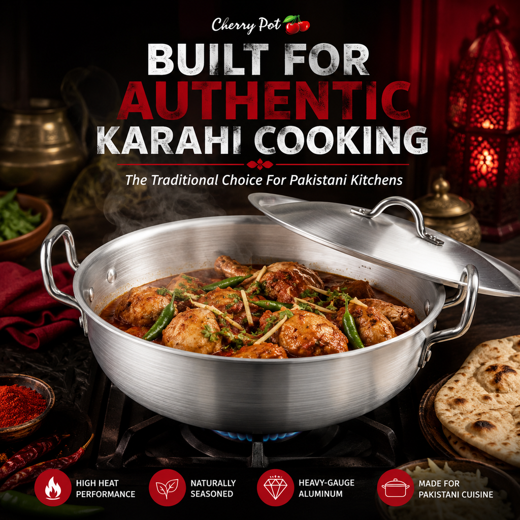 Metal Finish Round Wok (Karahi) with Lid - 26cm to 34cm - Cherrypot cookware, Pakistan