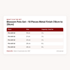 Blossom Pots Set – 10 Pieces Metal Finish (18cm to 28cm) – what's in the set table | Cherry Pot